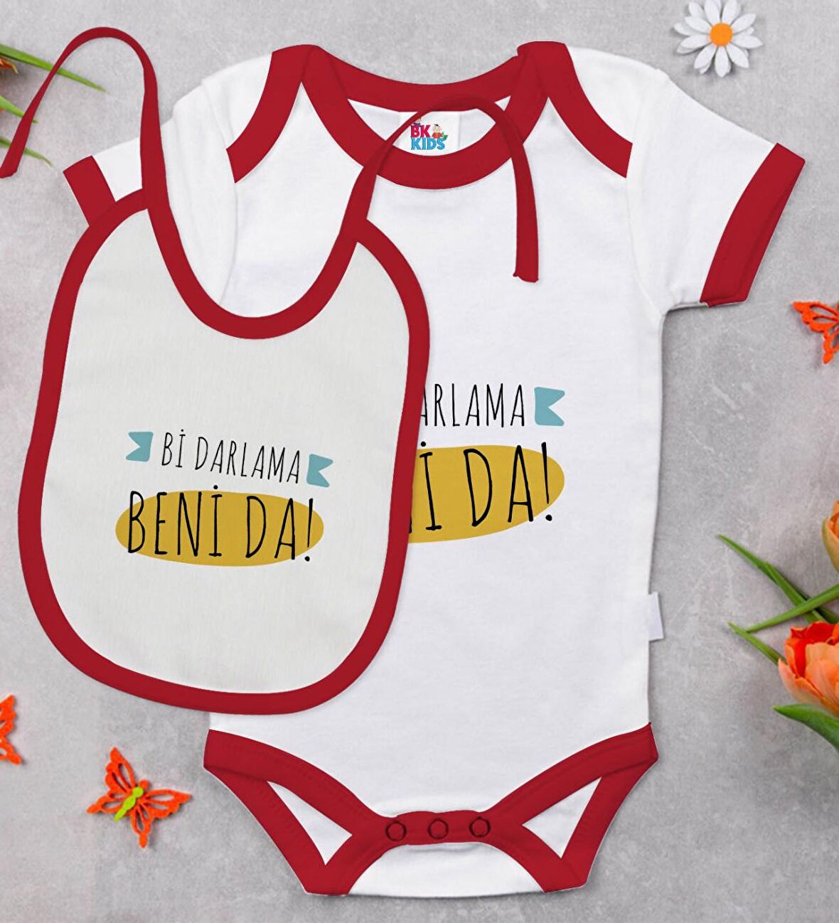 BK Kids Darlama Beni Tasarımlı Kırmızı Bebek Body Zıbın ve Mama Önlüğü Hediye Seti-1