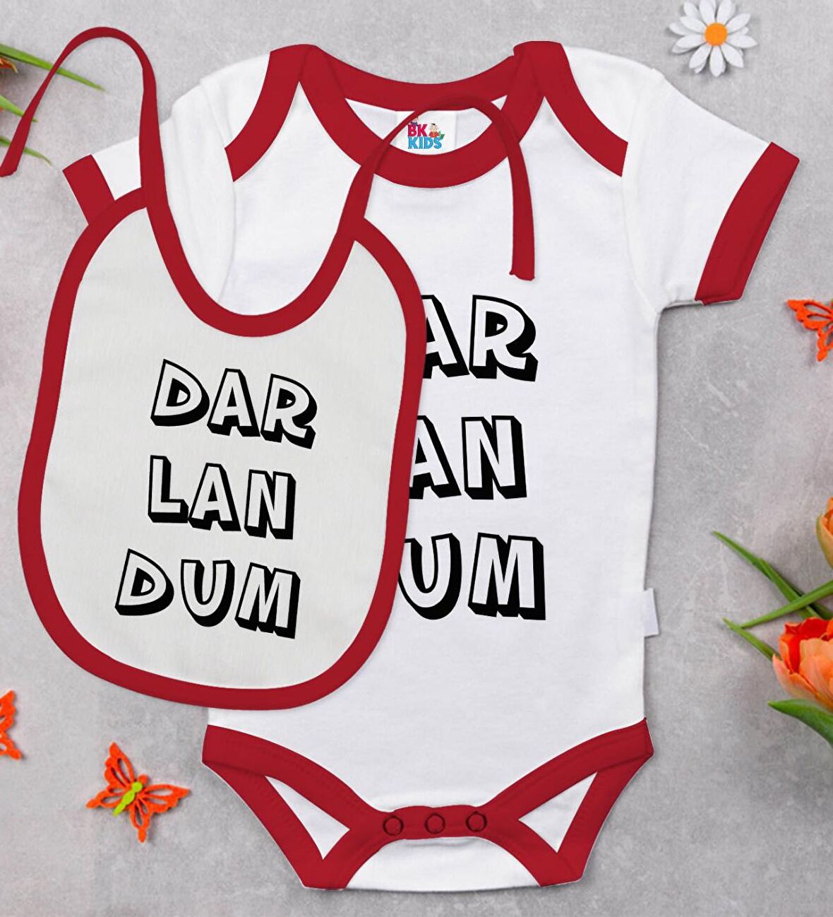 BK Kids Darlandum Tasarımlı Kırmızı Bebek Body Zıbın ve Mama Önlüğü Hediye Seti-2