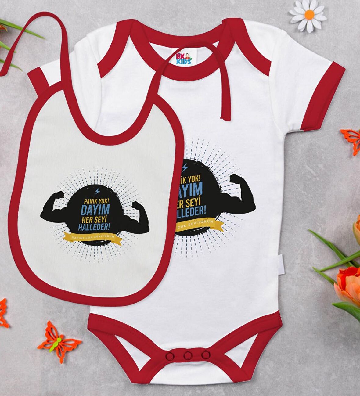 BK Kids Dayım Her Şeyi Halleder Tasarımlı Kırmızı Bebek Body Zıbın ve Mama Önlüğü Hediye Seti-1