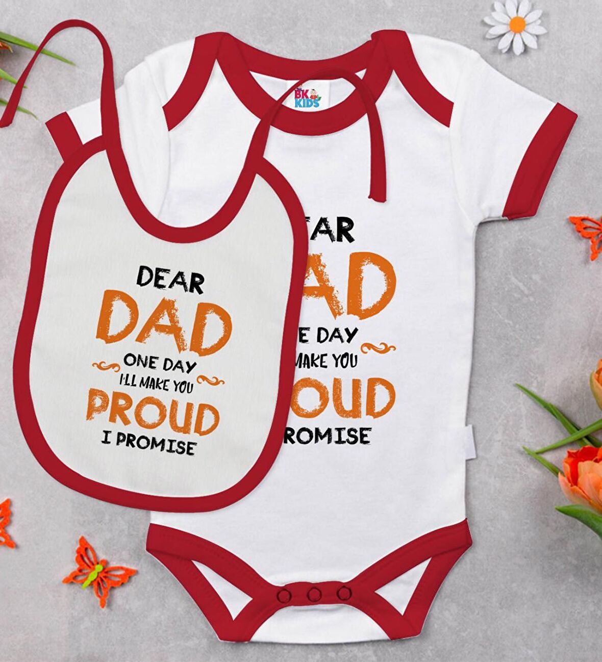 BK Kids Dear Dad Tasarımlı Kırmızı Bebek Body Zıbın ve Mama Önlüğü Hediye Seti-1