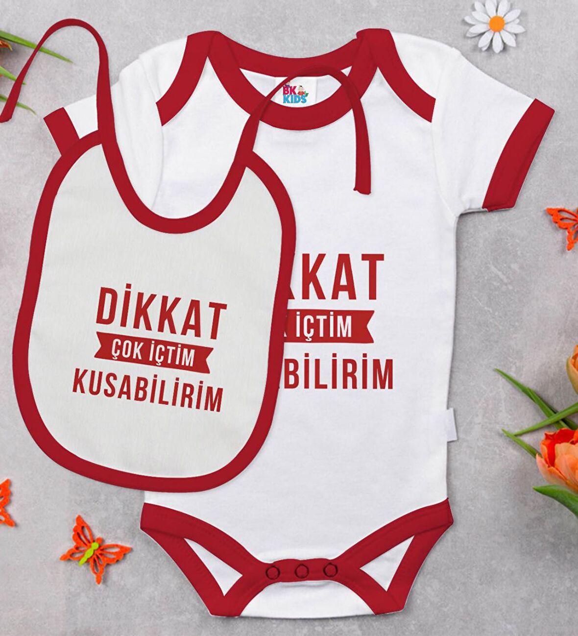 BK Kids Dikkat Çok İçtim Tasarımlı Kırmızı Bebek Body Zıbın ve Mama Önlüğü Hediye Seti-1