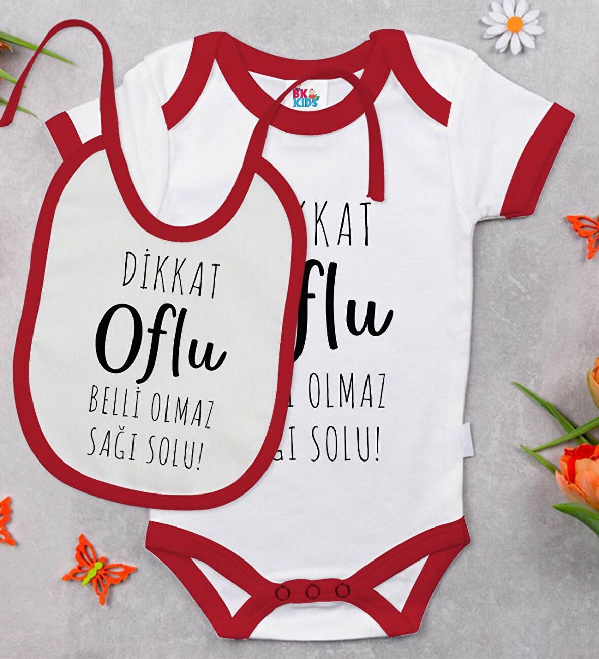 BK Kids Dikkat Oflu Tasarımlı Kırmızı Bebek Body Zıbın ve Mama Önlüğü Hediye Seti-1