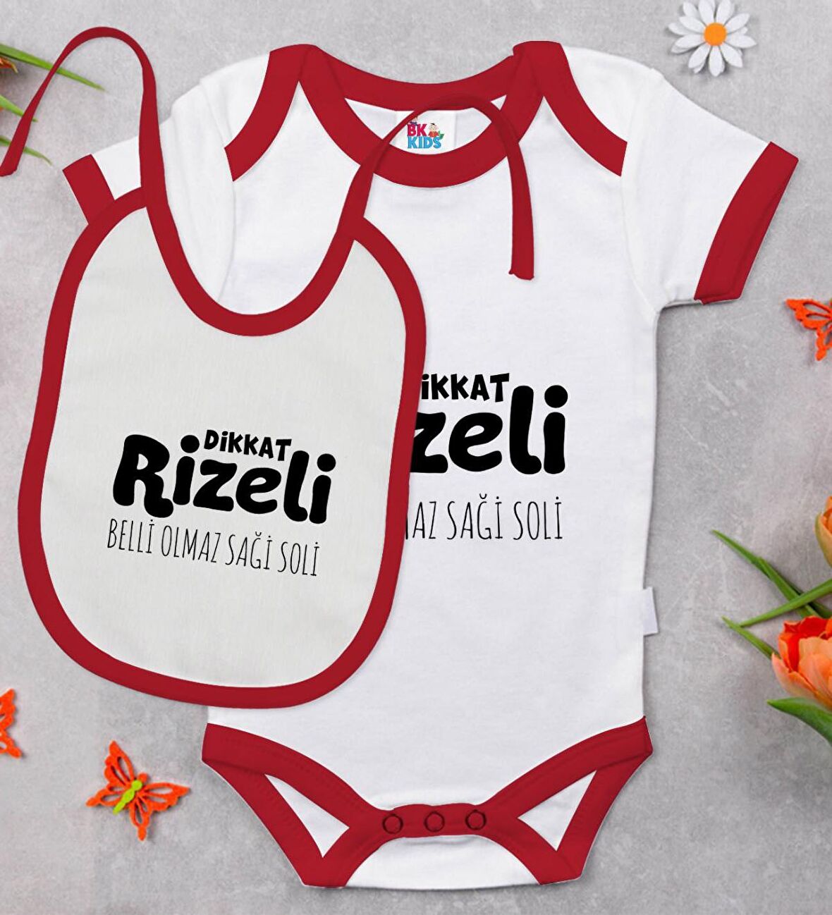 BK Kids Dikkat Rizeli Tasarımlı Kırmızı Bebek Body Zıbın ve Mama Önlüğü Hediye Seti-1