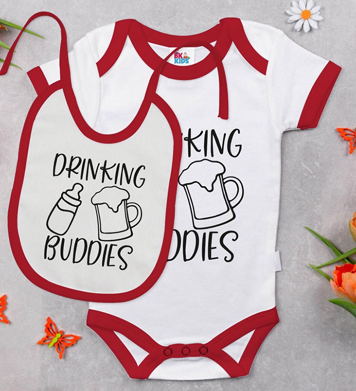BK Kids Drinking Buddies Tasarımlı Kırmızı Bebek Body Zıbın ve Mama Önlüğü Hediye Seti-1