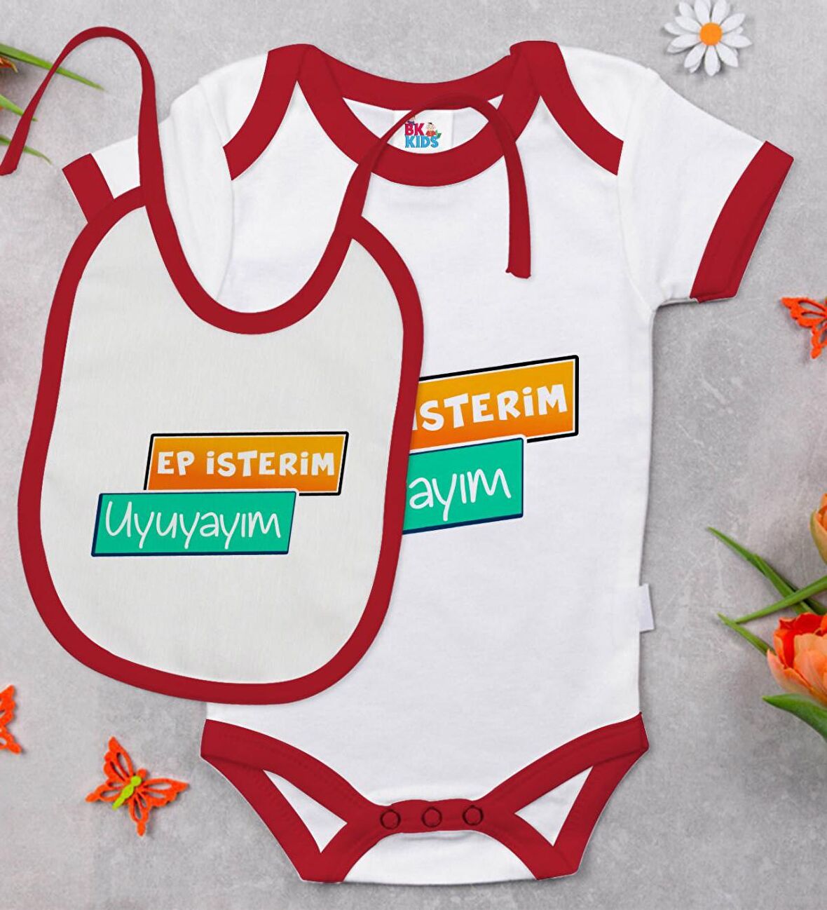 BK Kids Ep İsterim Tasarımlı Kırmızı Bebek Body Zıbın ve Mama Önlüğü Hediye Seti-3