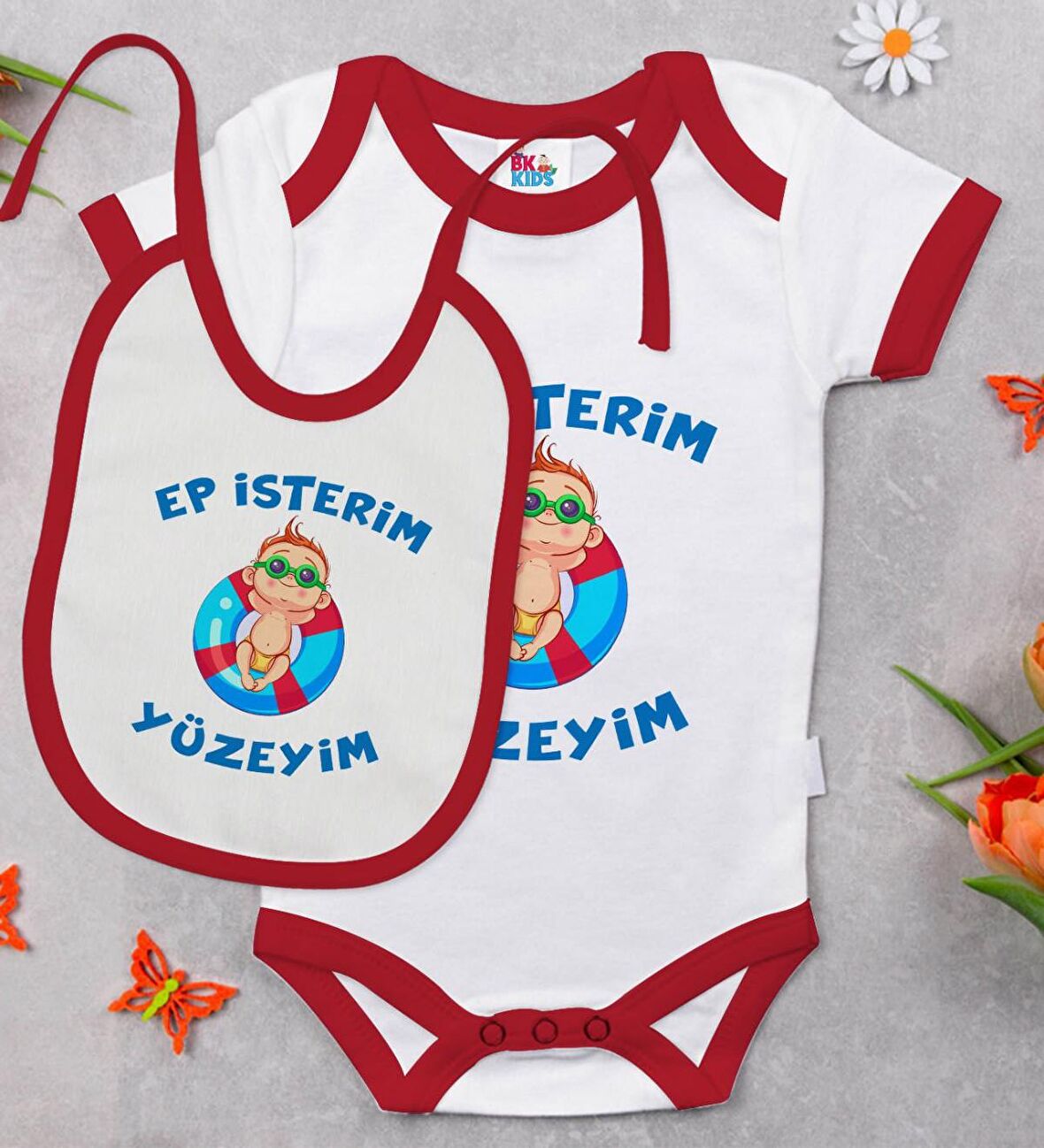 BK Kids Ep İsterim Tasarımlı Kırmızı Bebek Body Zıbın ve Mama Önlüğü Hediye Seti-4