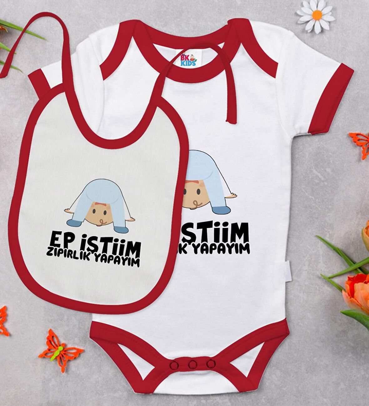 BK Kids Ep İstiim Zıpırlık Tasarımlı Kırmızı Bebek Body Zıbın ve Mama Önlüğü Hediye Seti-1