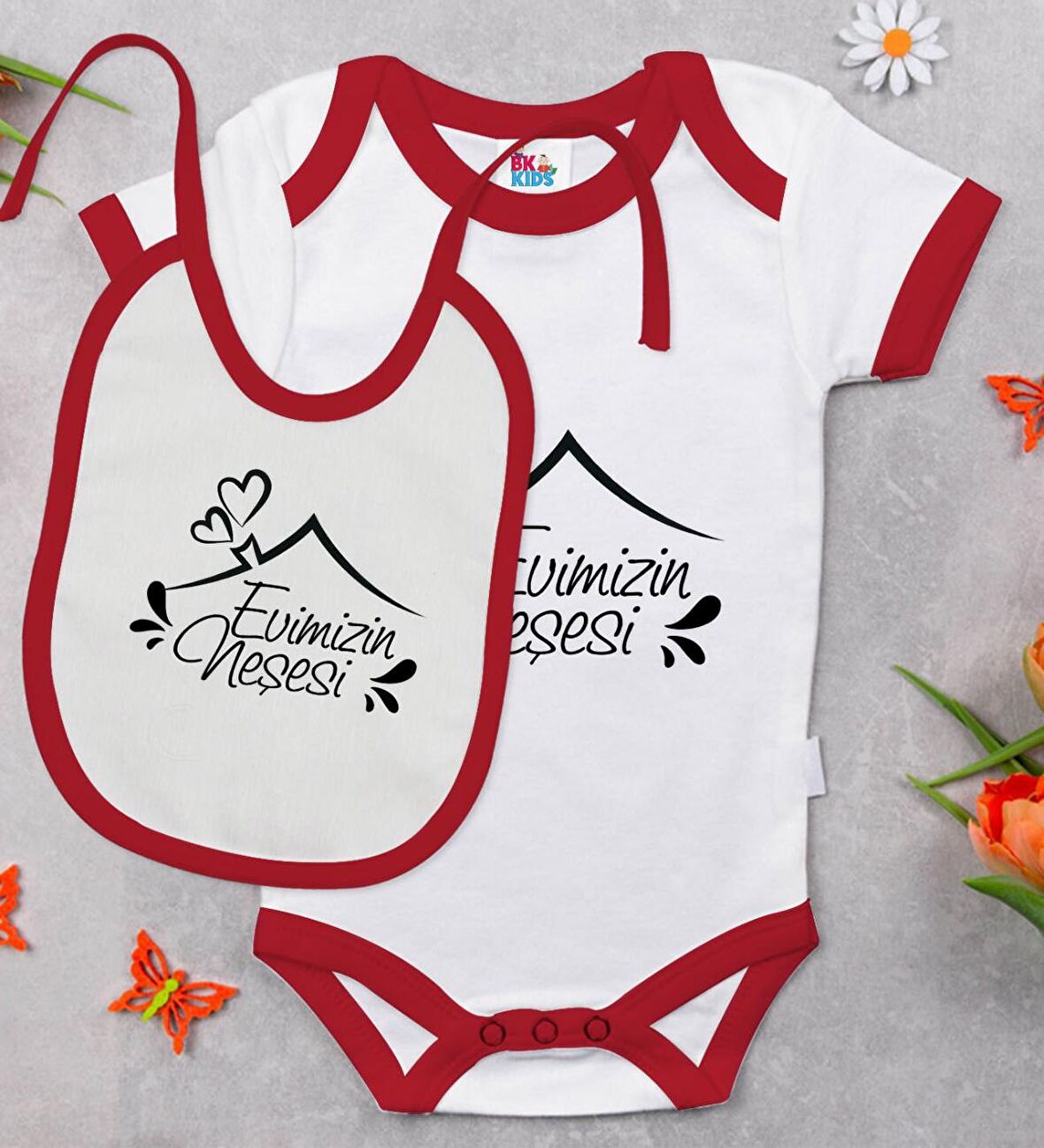 BK Kids Evimizin Neşesi Tasarımlı Kırmızı Bebek Body Zıbın ve Mama Önlüğü Hediye Seti-1