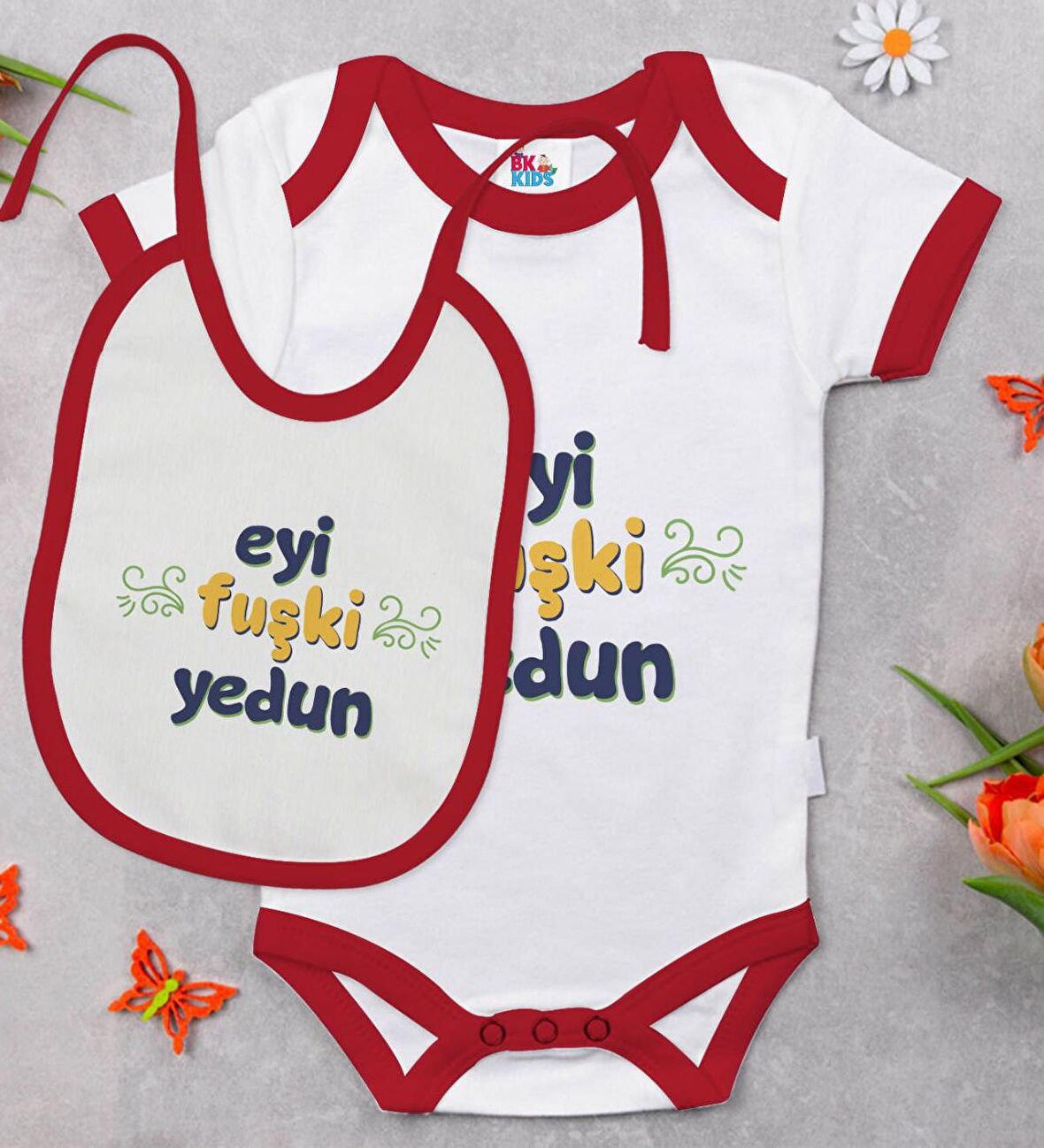 BK Kids Eyi Fuşki Yedun Tasarımlı Kırmızı Bebek Body Zıbın ve Mama Önlüğü Hediye Seti-1