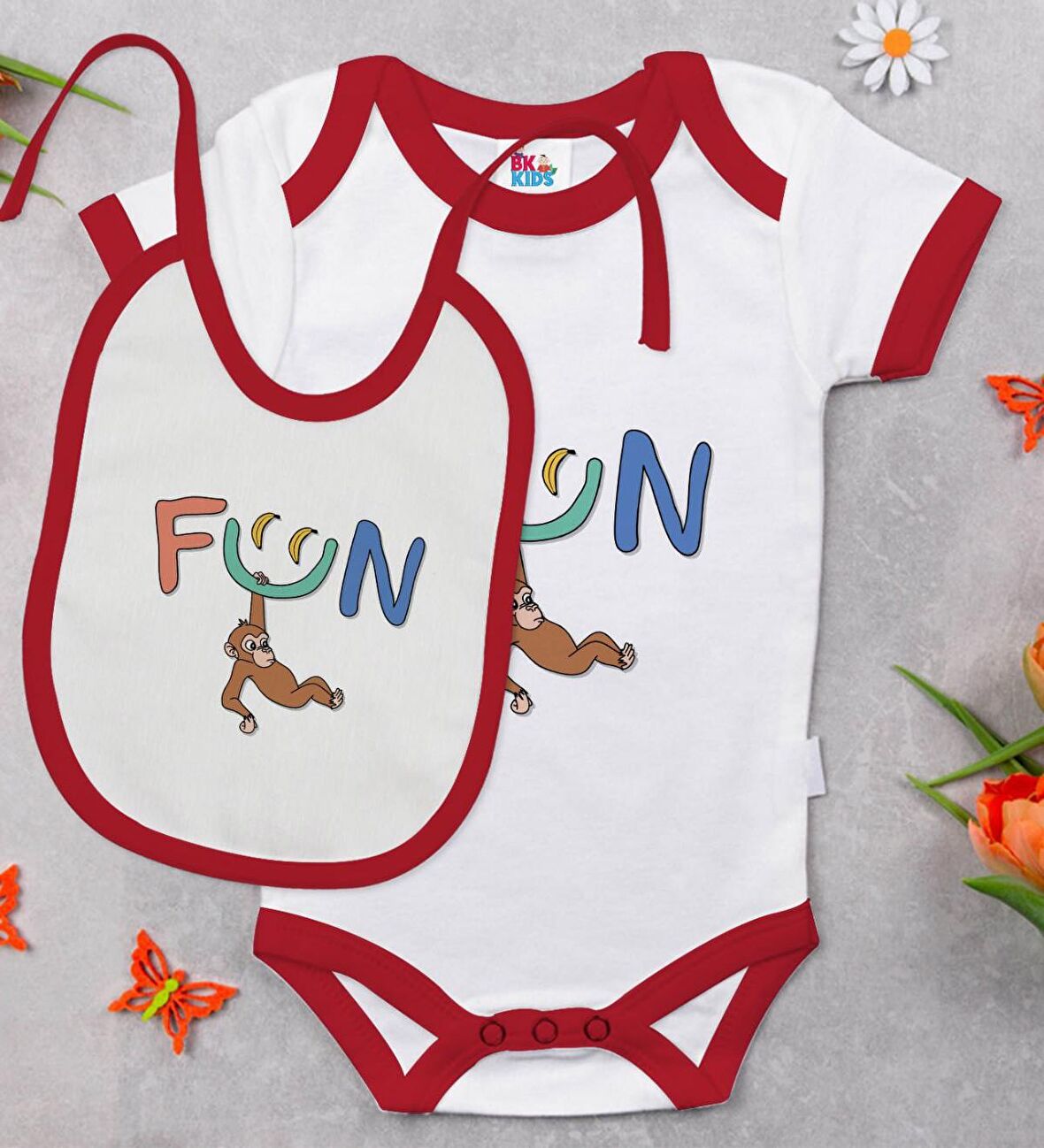 BK Kids Fun Tasarımlı Kırmızı Bebek Body Zıbın ve Mama Önlüğü Hediye Seti-1