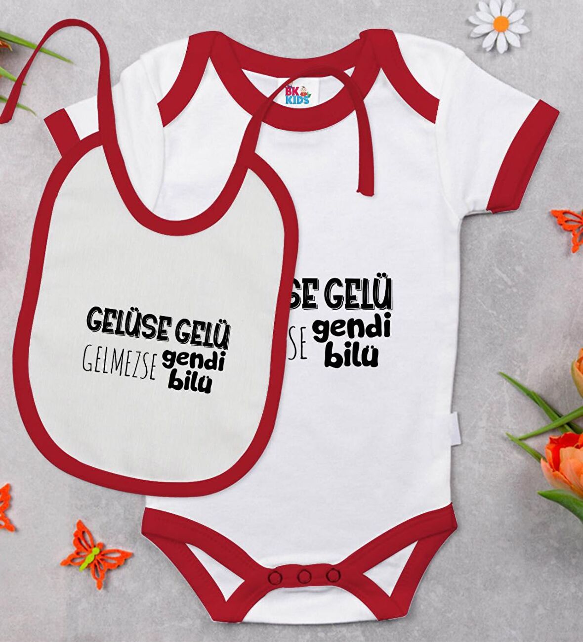 BK Kids Gelüse Gelü Tasarımlı Kırmızı Bebek Body Zıbın ve Mama Önlüğü Hediye Seti-1