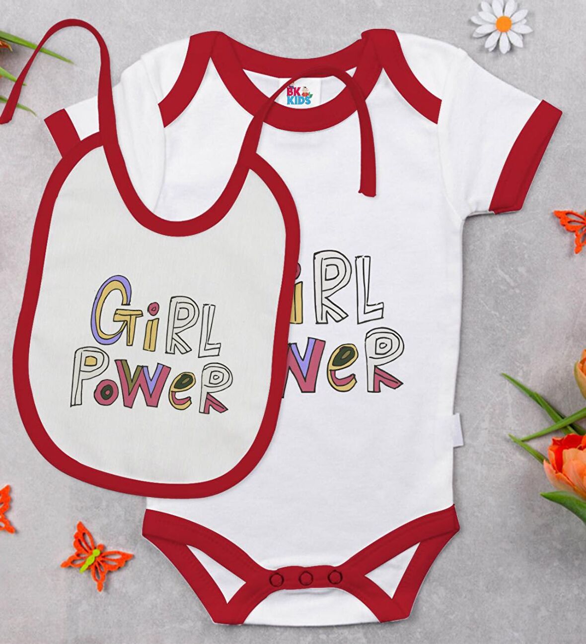 BK Kids Girl Power Tasarımlı Kırmızı Bebek Body Zıbın ve Mama Önlüğü Hediye Seti-1