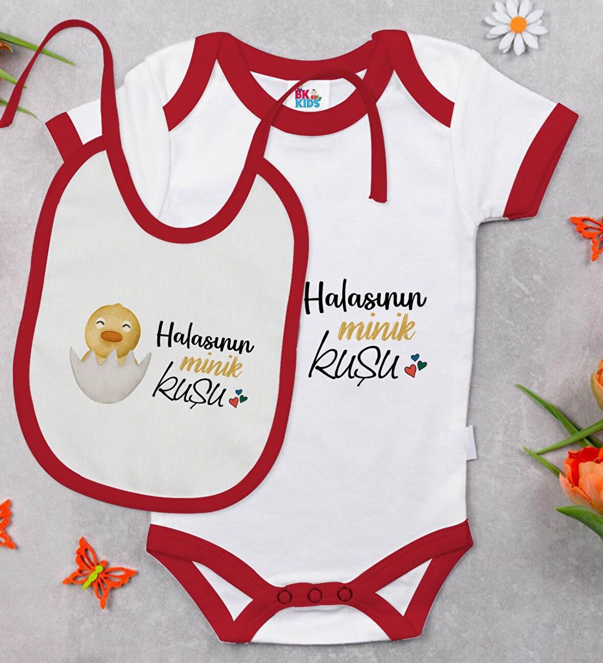 BK Kids Halasının Minik Kuşu Tasarımlı Kırmızı Bebek Body Zıbın ve Mama Önlüğü Hediye Seti-1