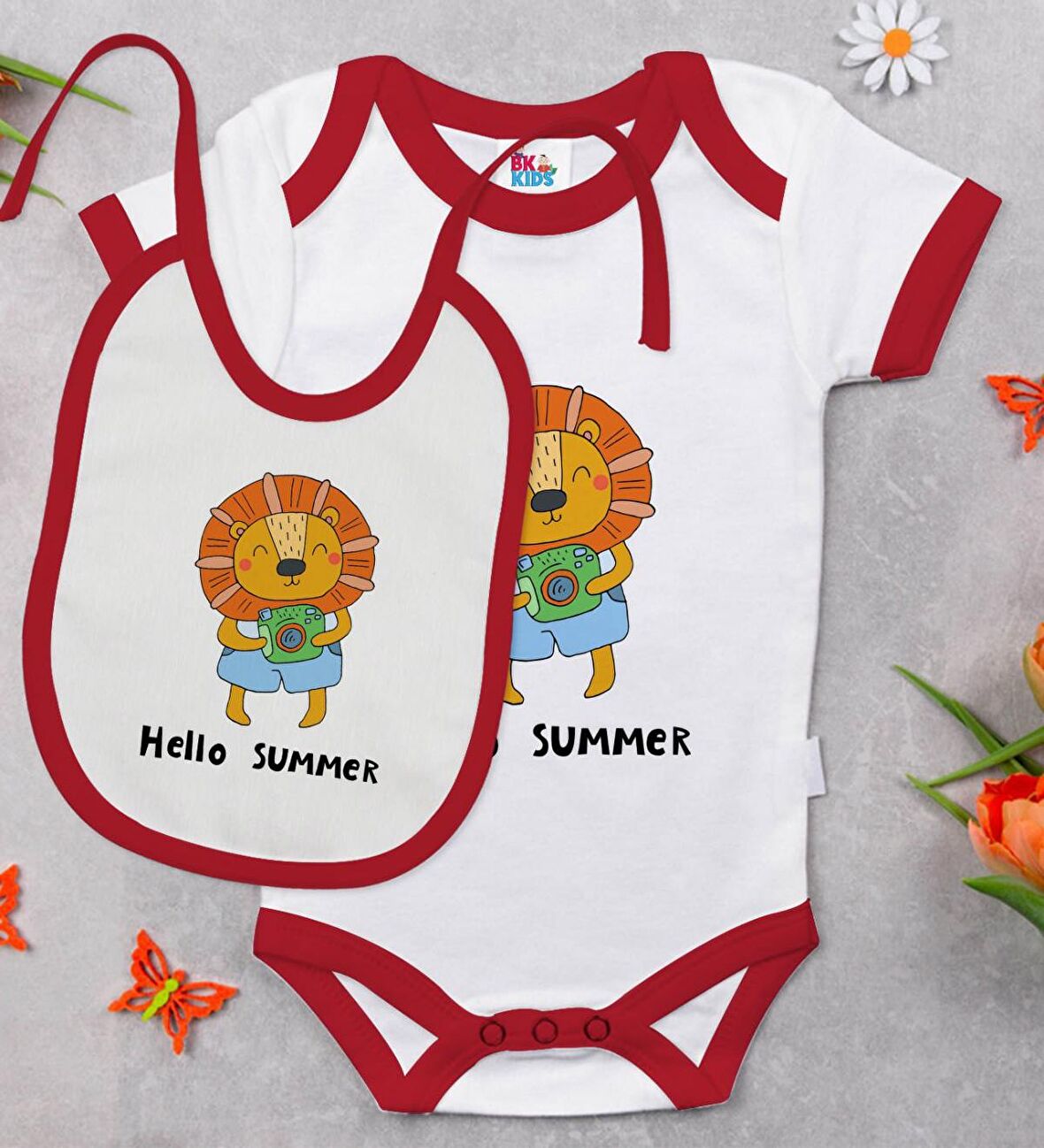 BK Kids Hello Summer Tasarımlı Kırmızı Bebek Body Zıbın ve Mama Önlüğü Hediye Seti-1