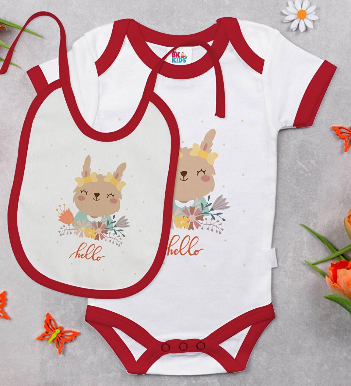 BK Kids Hello Tasarımlı Kırmızı Bebek Body Zıbın ve Mama Önlüğü Hediye Seti-1