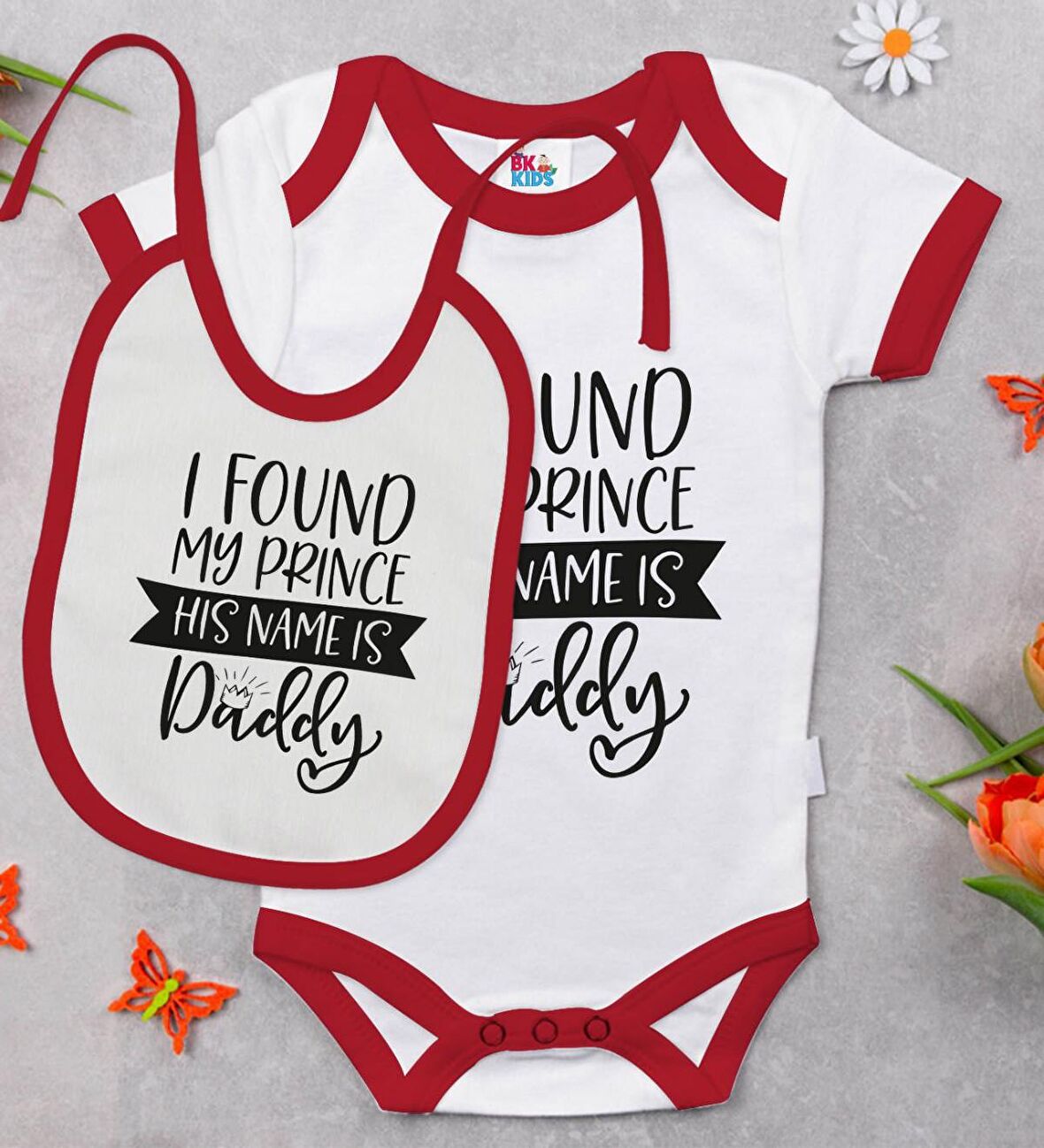 BK Kids His Name Is Daddy Tasarımlı Kırmızı Bebek Body Zıbın ve Mama Önlüğü Hediye Seti-1