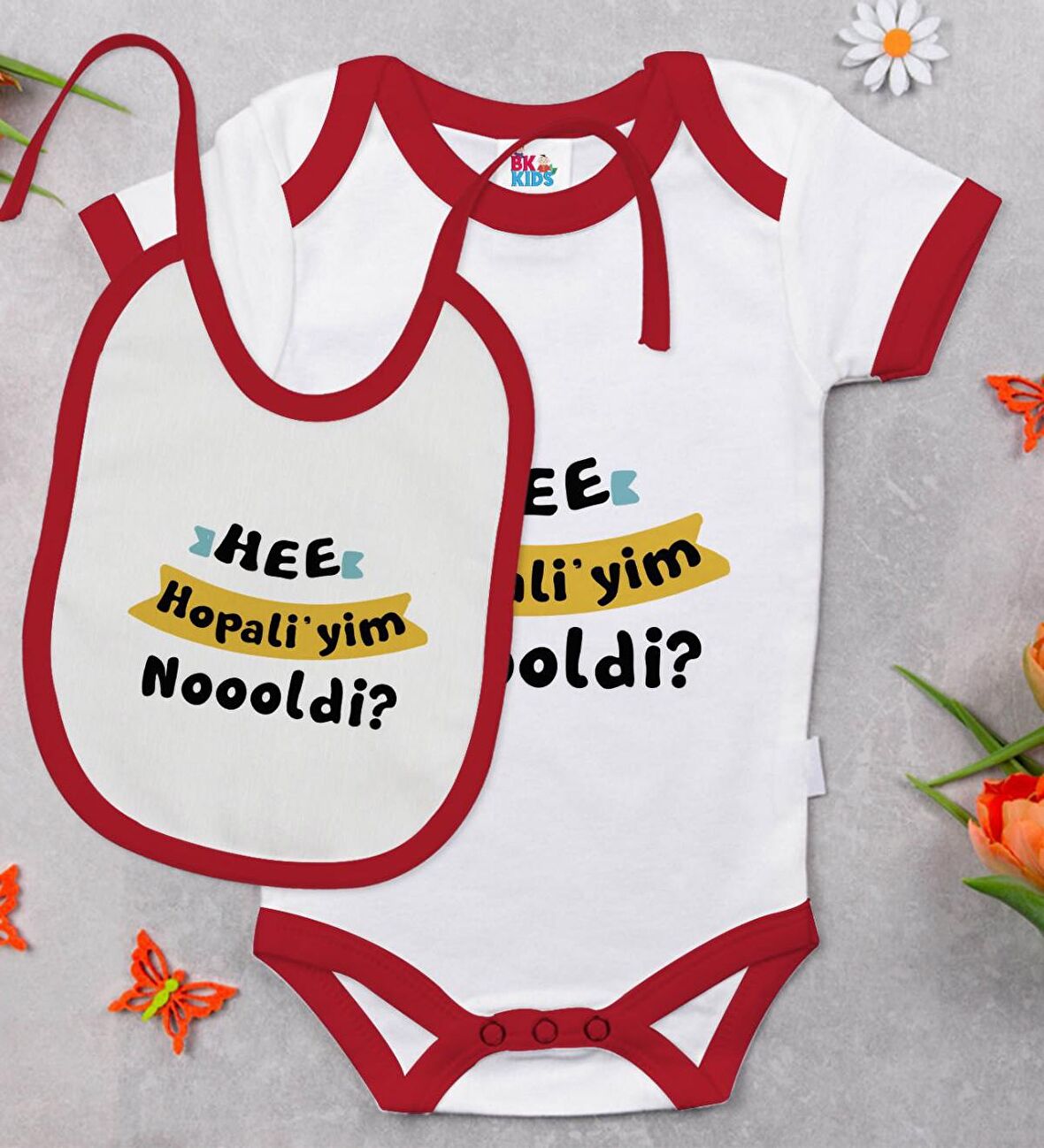BK Kids Hopaliyim Tasarımlı Kırmızı Bebek Body Zıbın ve Mama Önlüğü Hediye Seti-1