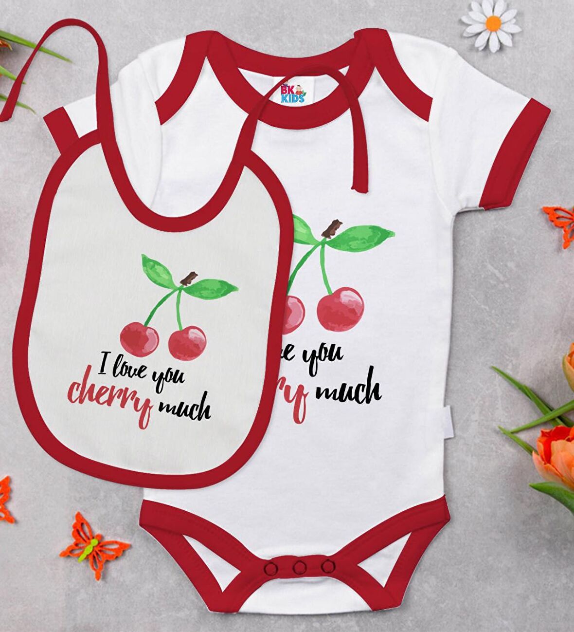 BK Kids İ Love Cherry Much Tasarımlı Kırmızı Bebek Body Zıbın ve Mama Önlüğü Hediye Seti-1