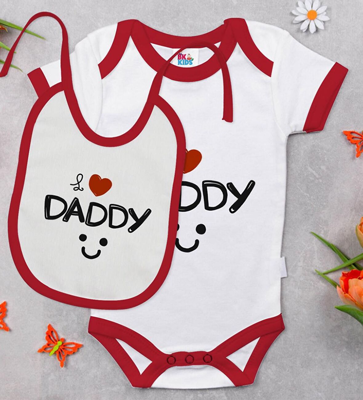 BK Kids İ Love Daddy Tasarımlı Kırmızı Bebek Body Zıbın ve Mama Önlüğü Hediye Seti-1