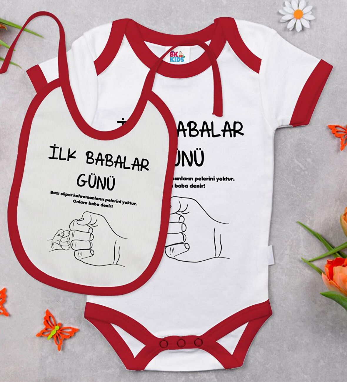 BK Kids İlk Babalar Günü Tasarımlı Kırmızı Bebek Body Zıbın ve Mama Önlüğü Hediye Seti-2