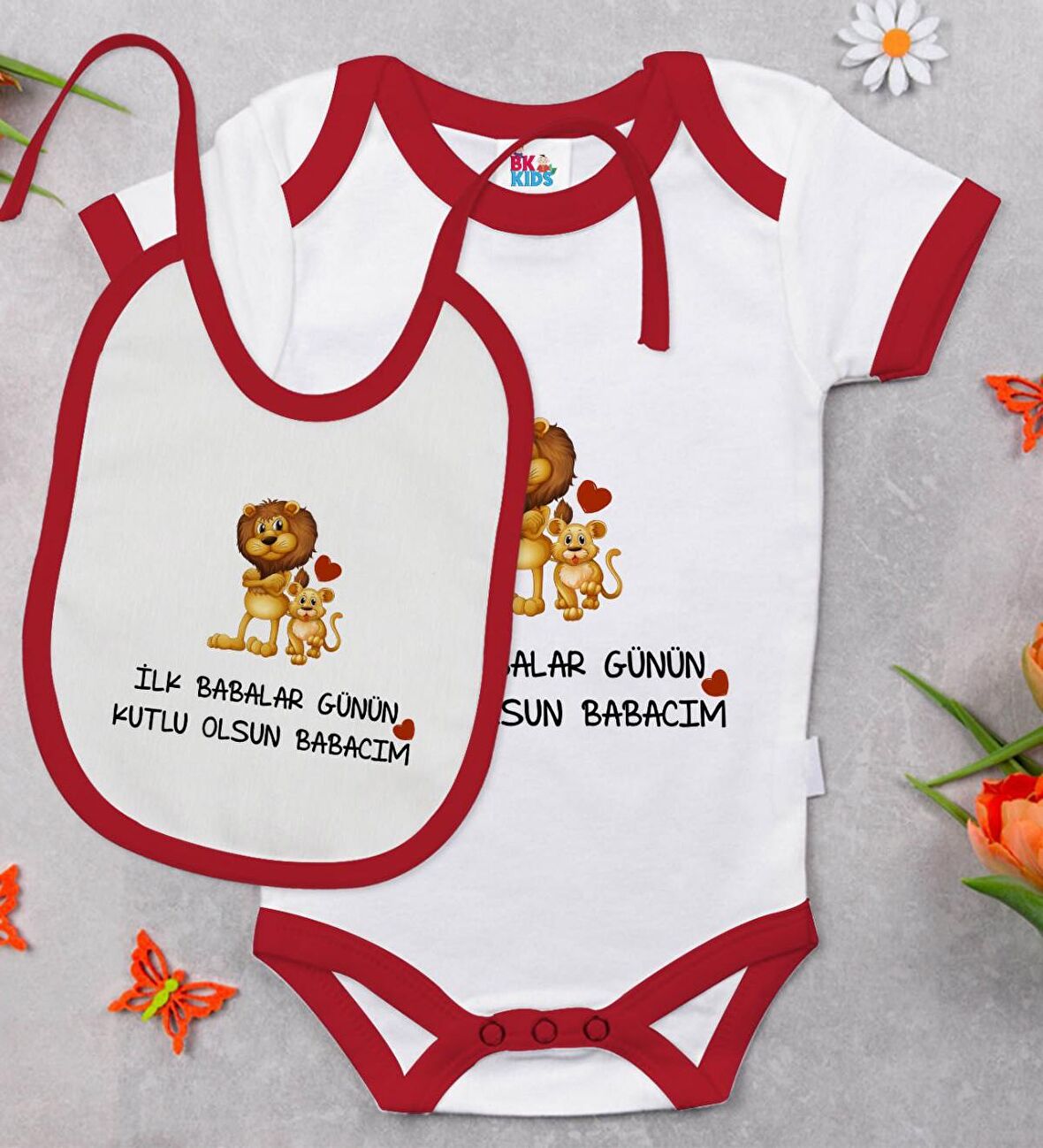 BK Kids İlk Babalar Günü Tasarımlı Kırmızı Bebek Body Zıbın ve Mama Önlüğü Hediye Seti-3