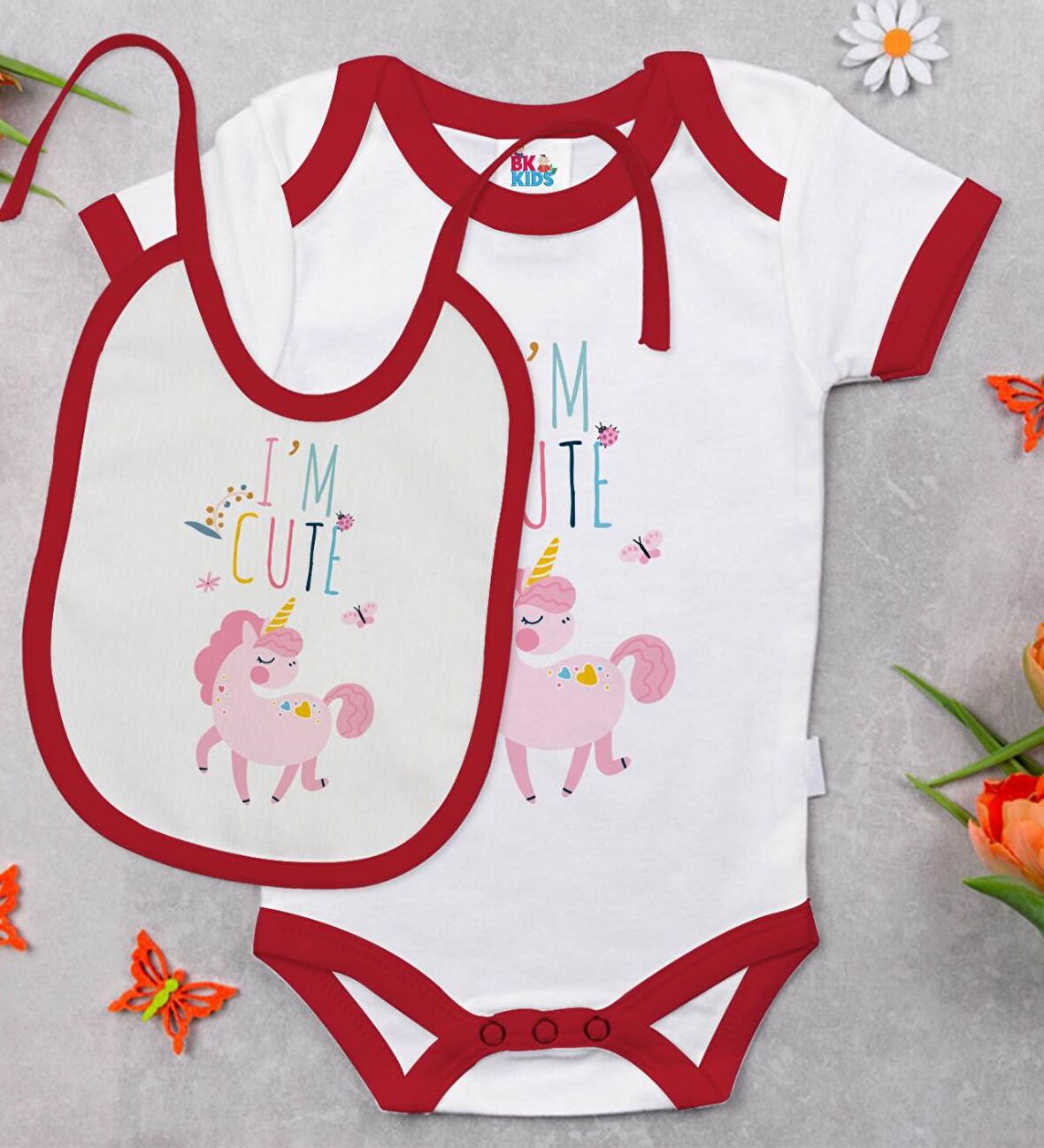 BK Kids I'm Cute Tasarımlı Kırmızı Bebek Body Zıbın ve Mama Önlüğü Hediye Seti-1