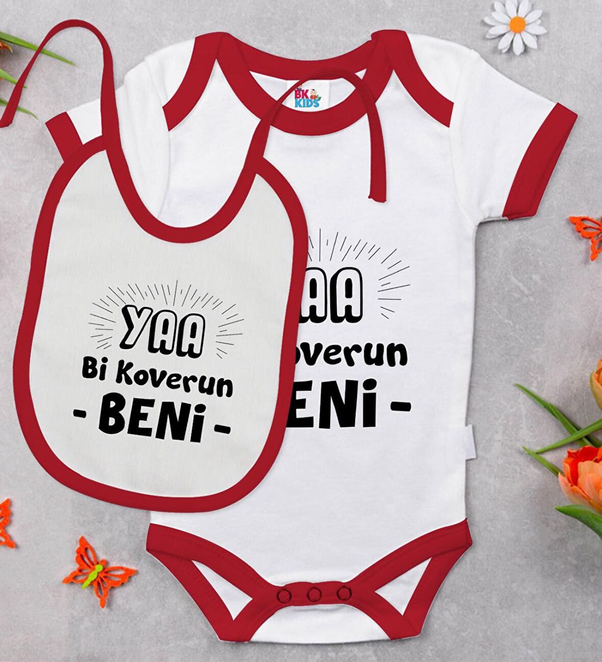 BK Kids Koverun Beni Tasarımlı Kırmızı Bebek Body Zıbın ve Mama Önlüğü Hediye Seti-1
