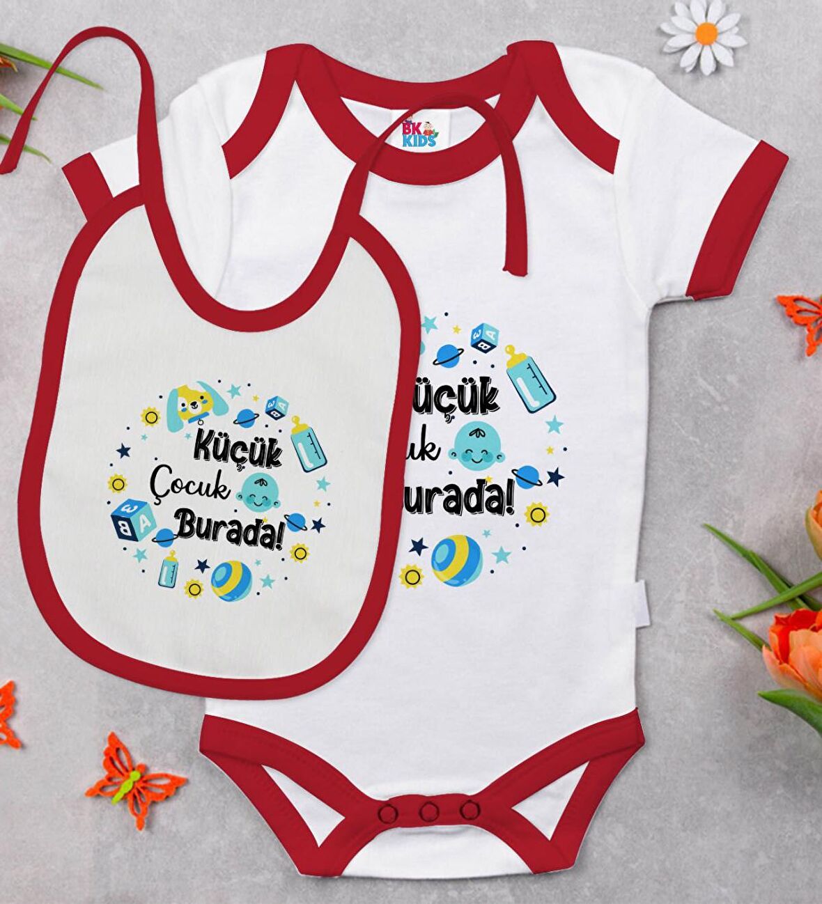 BK Kids Küçük Çocuk Burada Tasarımlı Kırmızı Bebek Body Zıbın ve Mama Önlüğü Hediye Seti-1