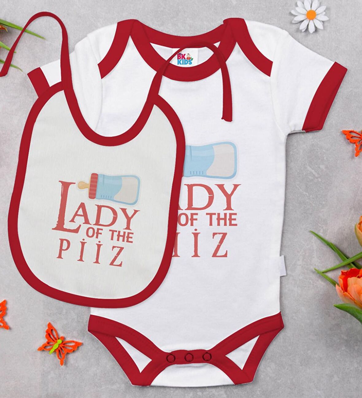 BK Kids Lady Of The Piiz Tasarımlı Kırmızı Bebek Body Zıbın ve Mama Önlüğü Hediye Seti-1