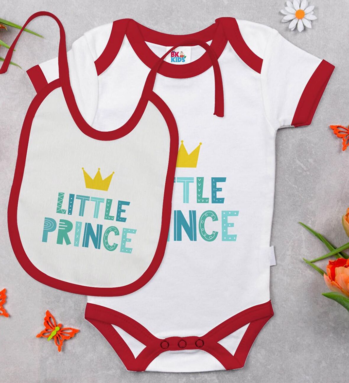 BK Kids Little Prince Tasarımlı Kırmızı Bebek Body Zıbın ve Mama Önlüğü Hediye Seti-1
