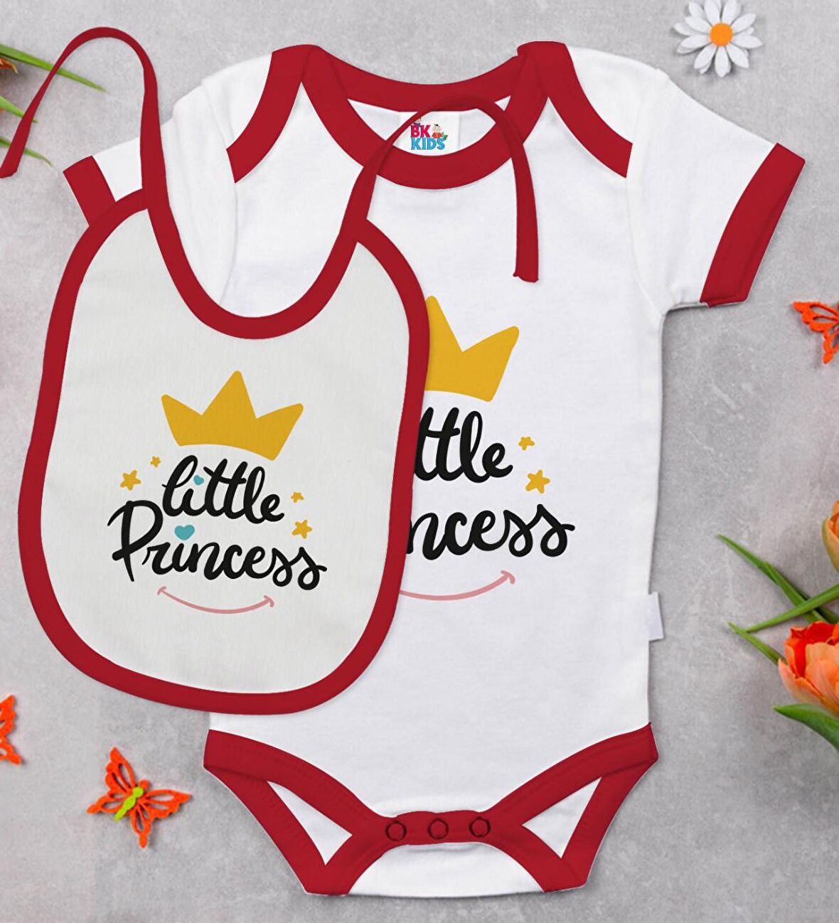 BK Kids Little Princess Tasarımlı Kırmızı Bebek Body Zıbın ve Mama Önlüğü Hediye Seti-1