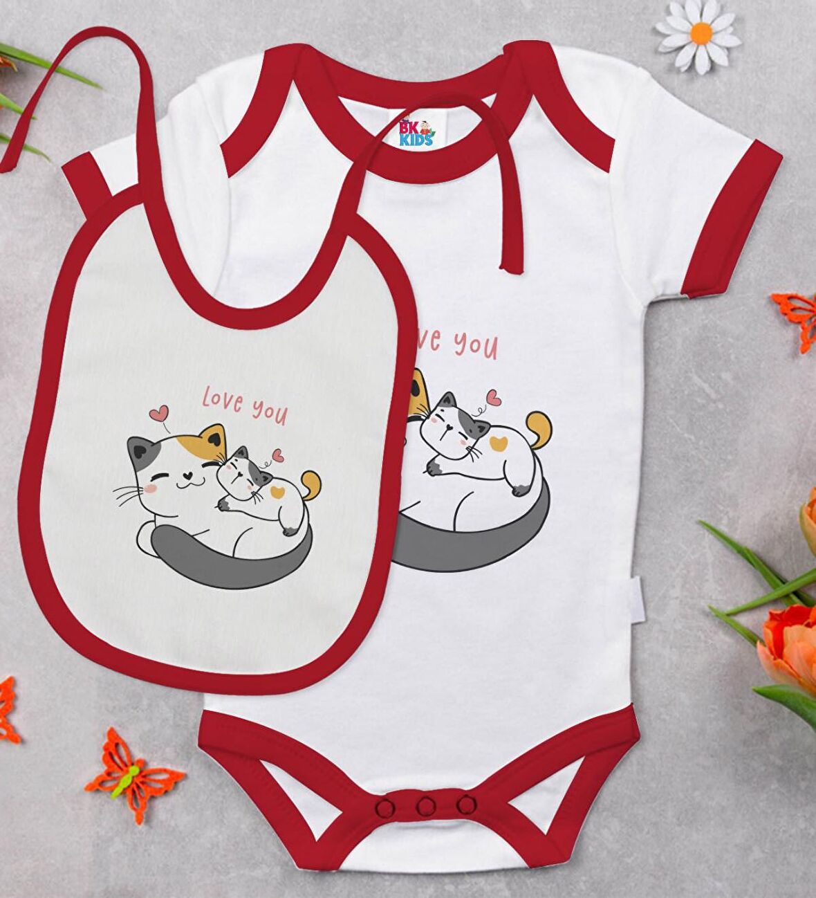 BK Kids Love You Tasarımlı Kırmızı Bebek Body Zıbın ve Mama Önlüğü Hediye Seti-1