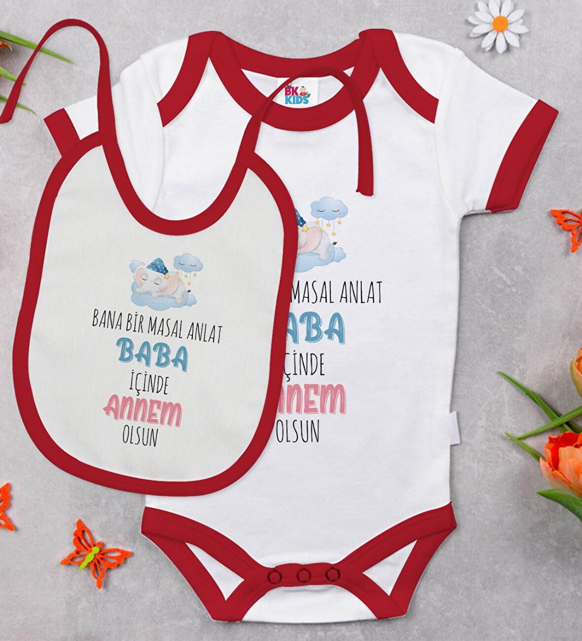 BK Kids Masal Anlat Baba Tasarımlı Kırmızı Bebek Body Zıbın ve Mama Önlüğü Hediye Seti-1
