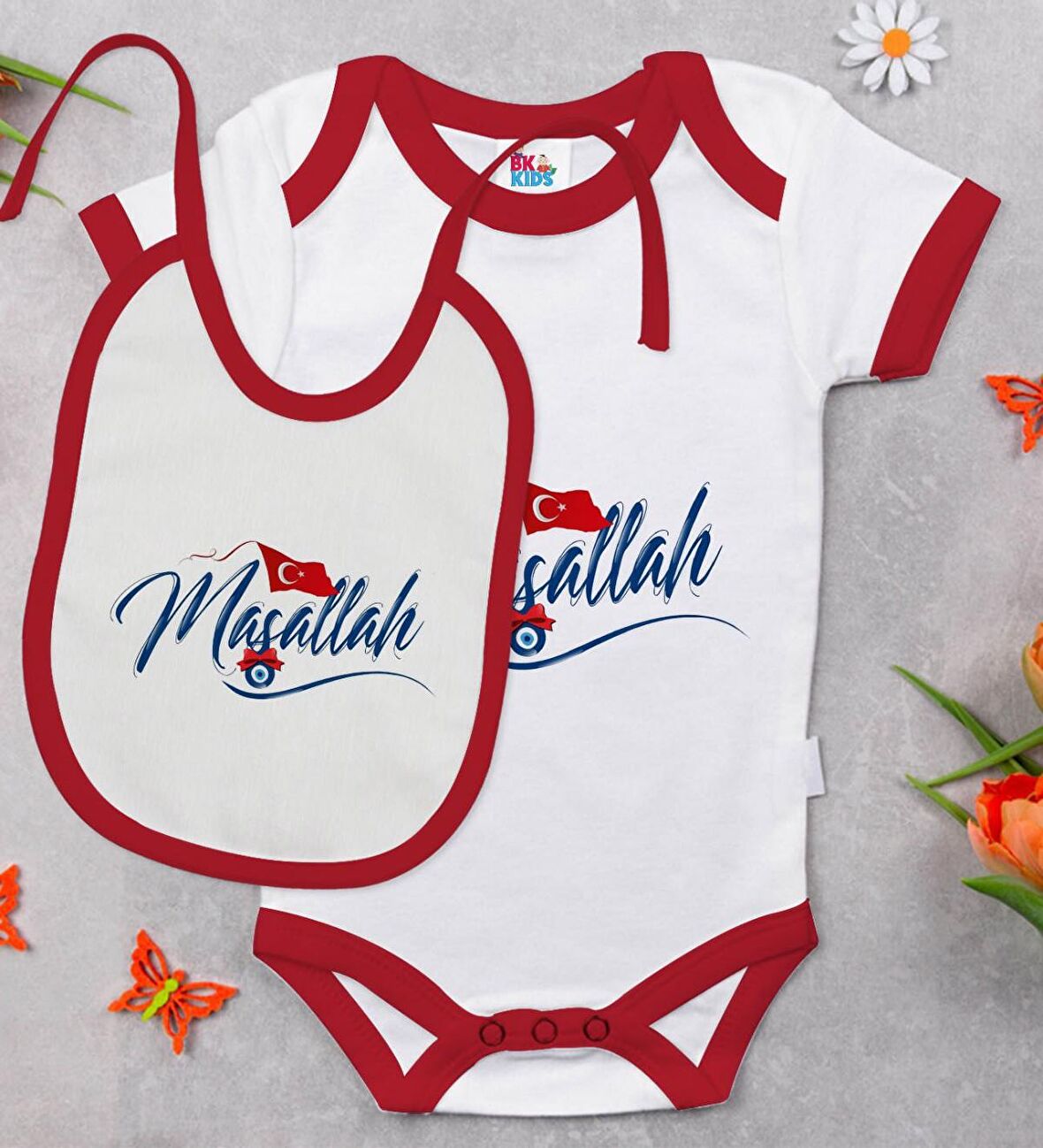 BK Kids Maşallah Tasarımlı Kırmızı Bebek Body Zıbın ve Mama Önlüğü Hediye Seti-3