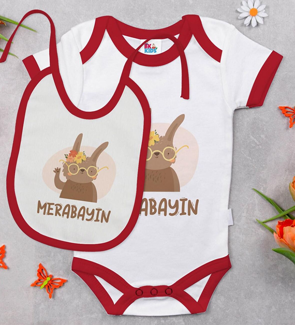 BK Kids Merabayın Tasarımlı Kırmızı Bebek Body Zıbın ve Mama Önlüğü Hediye Seti-1