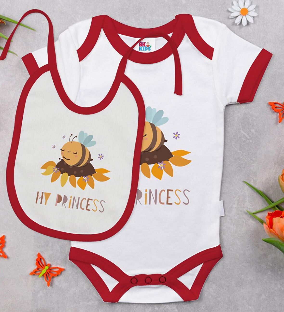 BK Kids My Princess Tasarımlı Kırmızı Bebek Body Zıbın ve Mama Önlüğü Hediye Seti-1