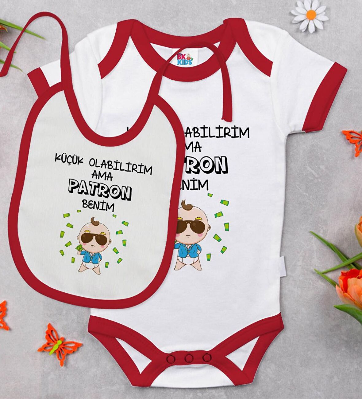 BK Kids Patron Benim Tasarımlı Kırmızı Bebek Body Zıbın ve Mama Önlüğü Hediye Seti-1