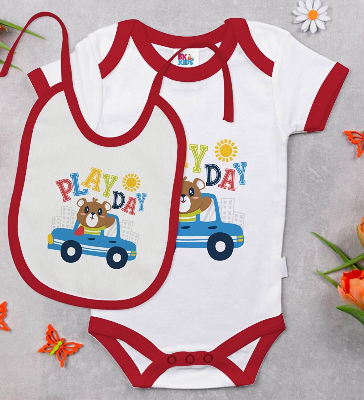 BK Kids Play Day Tasarımlı Kırmızı Bebek Body Zıbın ve Mama Önlüğü Hediye Seti-1