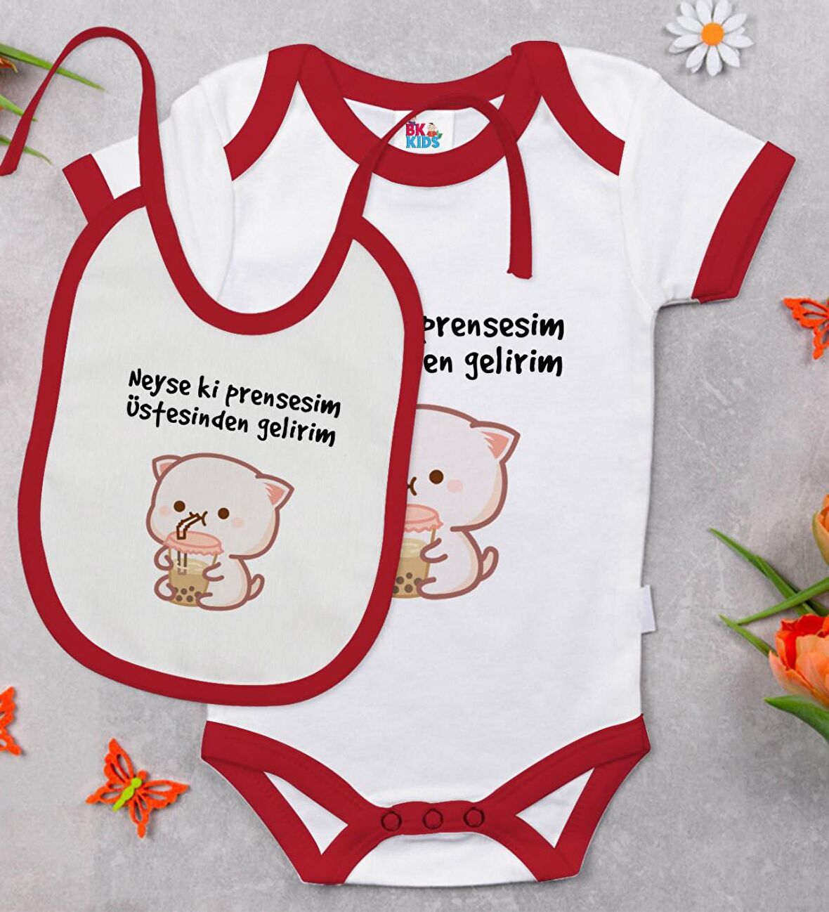 BK Kids Prensesim Üstesinden Gelirim Tasarımlı Kırmızı Bebek Body Zıbın ve Mama Önlüğü Hediye Seti-1