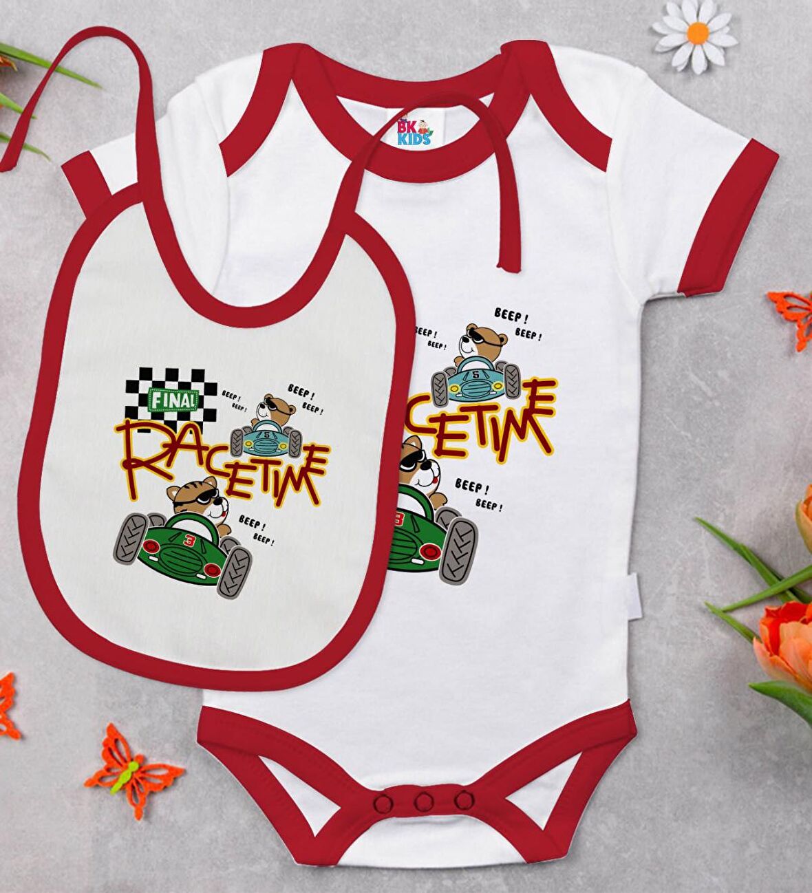 BK Kids Race Time Tasarımlı Kırmızı Bebek Body Zıbın ve Mama Önlüğü Hediye Seti-1