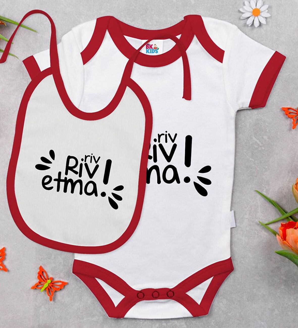BK Kids Riv Riv Etma Tasarımlı Kırmızı Bebek Body Zıbın ve Mama Önlüğü Hediye Seti-1