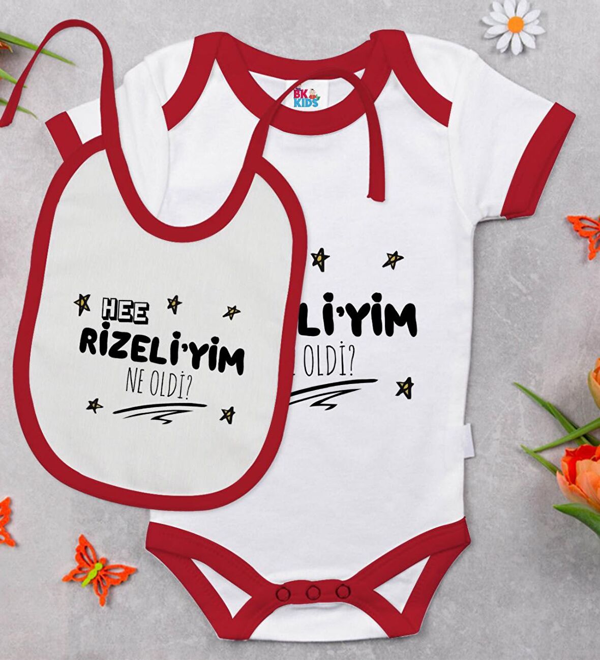 BK Kids Rizeliyim Ne Oldi Tasarımlı Kırmızı Bebek Body Zıbın ve Mama Önlüğü Hediye Seti-1
