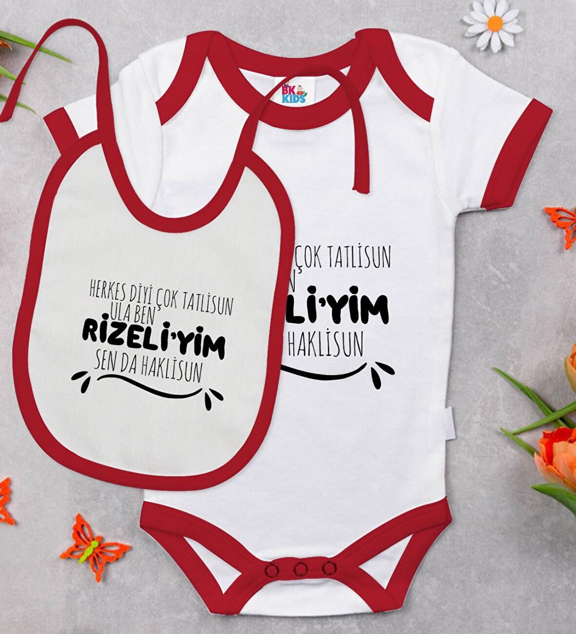 BK Kids Rizeliyim Tasarımlı Kırmızı Bebek Body Zıbın ve Mama Önlüğü Hediye Seti-1