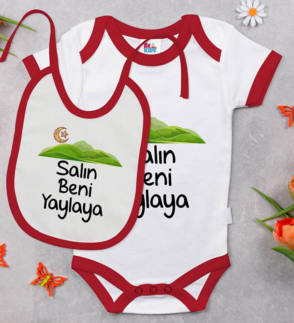 BK Kids Salın Beni Yaylaya Tasarımlı Kırmızı Bebek Body Zıbın ve Mama Önlüğü Hediye Seti-1