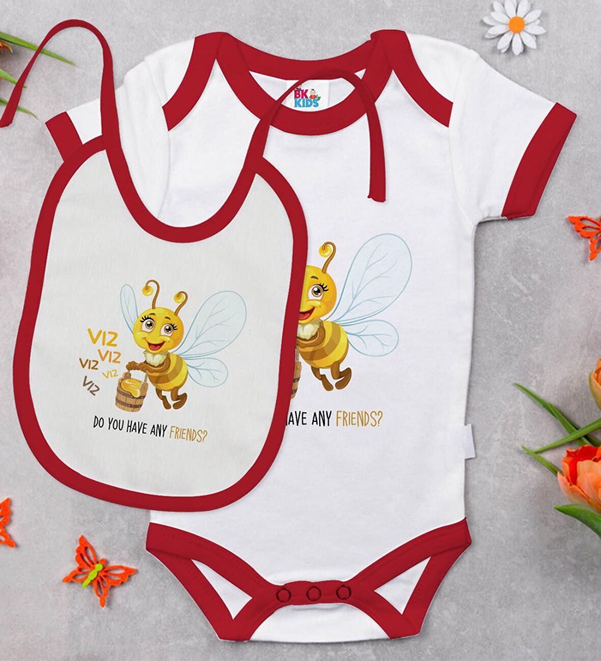 BK Kids Sevimli Arı Tasarımlı Kırmızı Bebek Body Zıbın ve Mama Önlüğü Hediye Seti-1