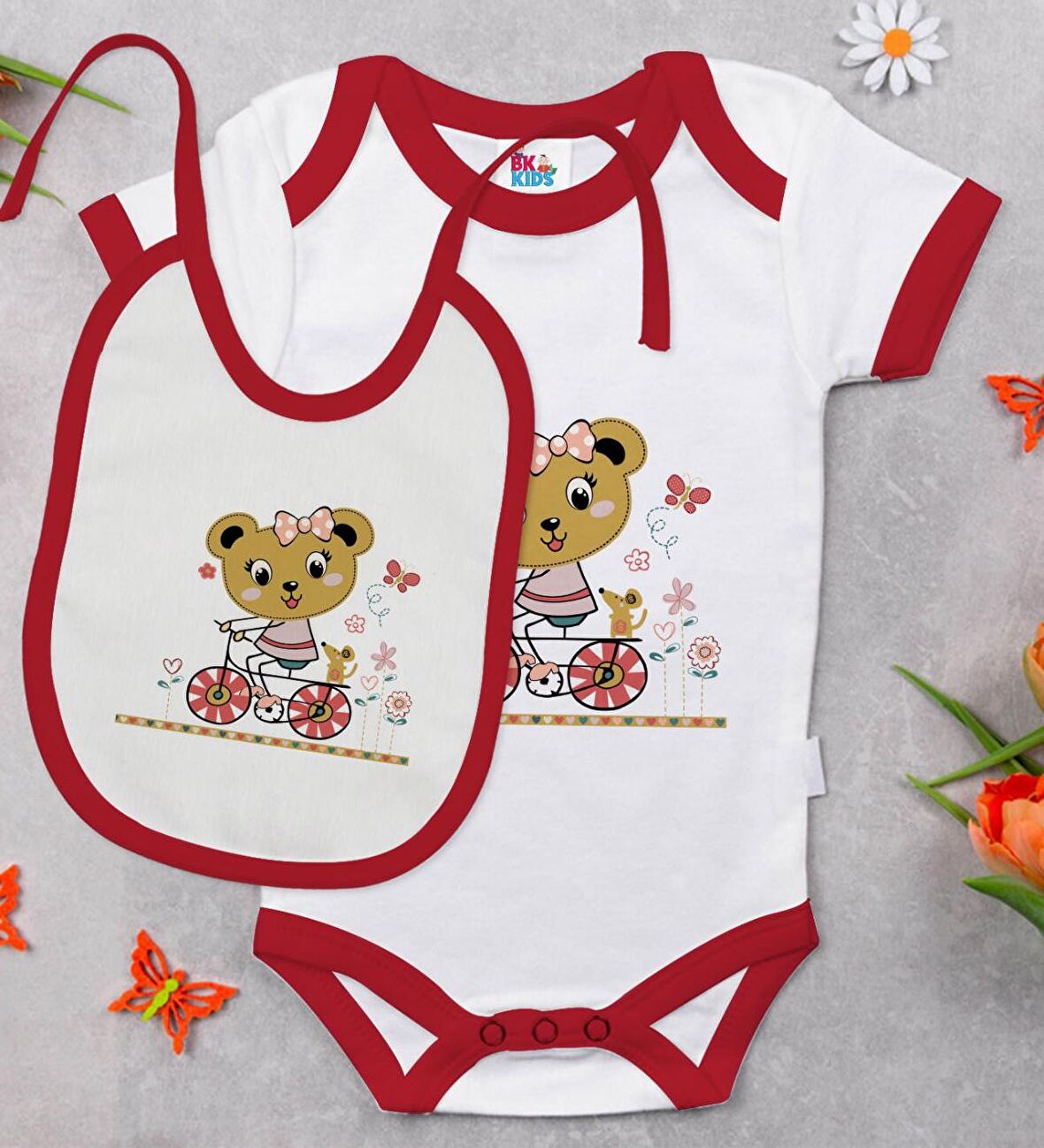 BK Kids Sevimli Ayı Tasarımlı Kırmızı Bebek Body Zıbın ve Mama Önlüğü Hediye Seti-2