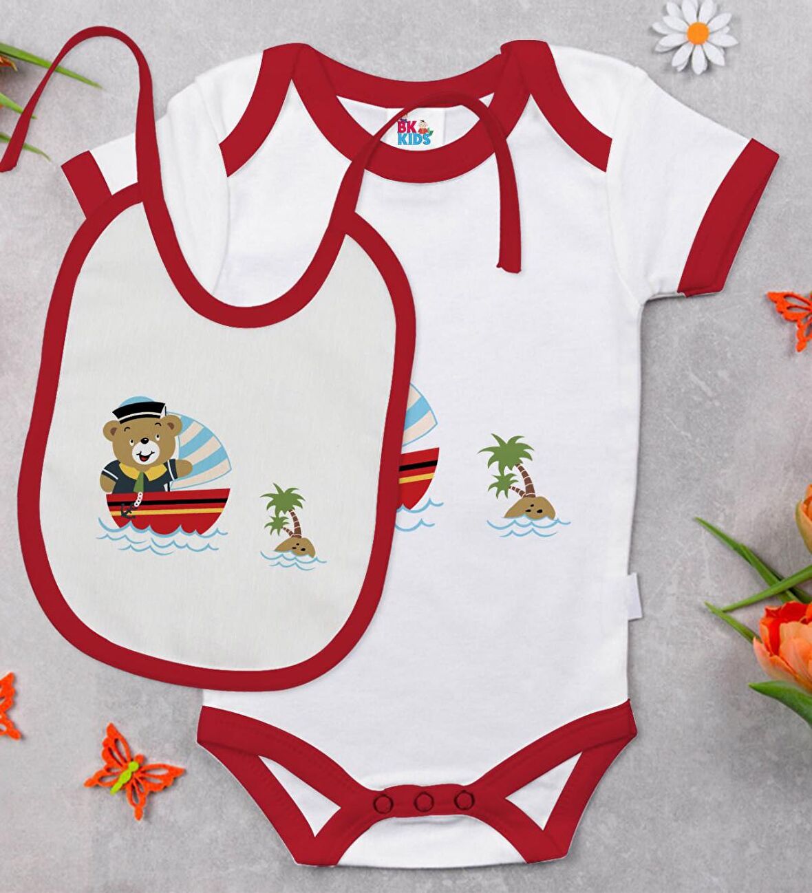 BK Kids Sevimli Kaptan Tasarımlı Kırmızı Bebek Body Zıbın ve Mama Önlüğü Hediye Seti-2