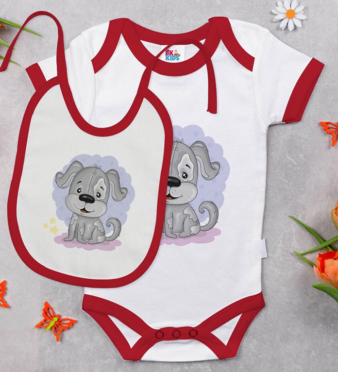 BK Kids Sevimli Köpek Tasarımlı Kırmızı Bebek Body Zıbın ve Mama Önlüğü Hediye Seti-1