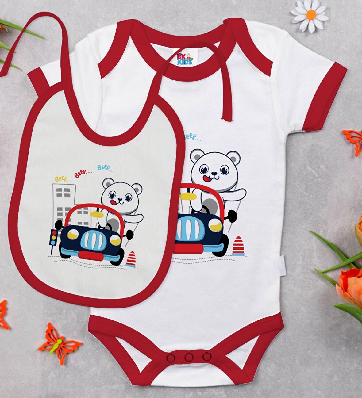 BK Kids Sevimli Sürücü Tasarımlı Kırmızı Bebek Body Zıbın ve Mama Önlüğü Hediye Seti-1