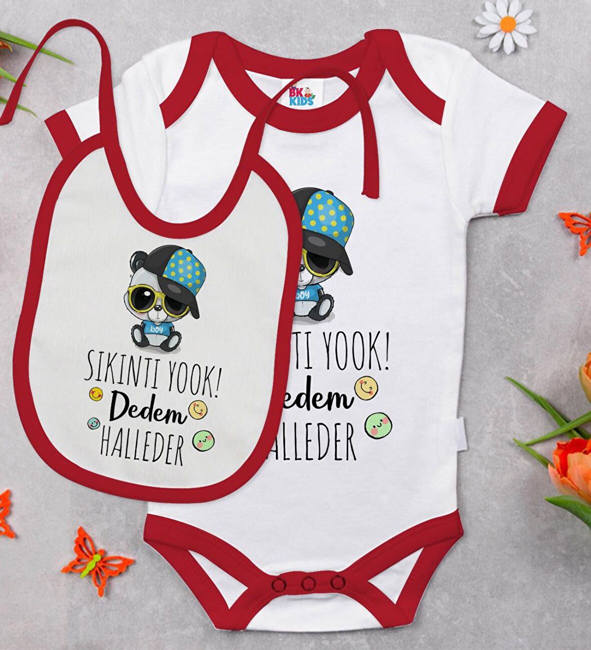BK Kids Sıkıntı Yok Dedem Halleder Tasarımlı Kırmızı Bebek Body Zıbın ve Mama Önlüğü Hediye Seti-1